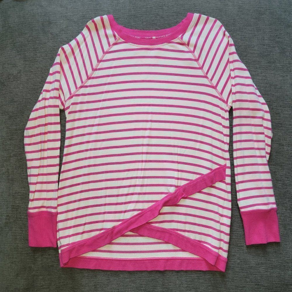 Tommy Hilfiger Women's Pink & White Stripe Tulip-Hem Crewneck Sweater Size M